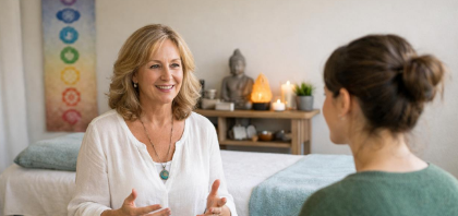 Encuentro cálido entre terapeuta y consultante en un espacio luminoso y sereno